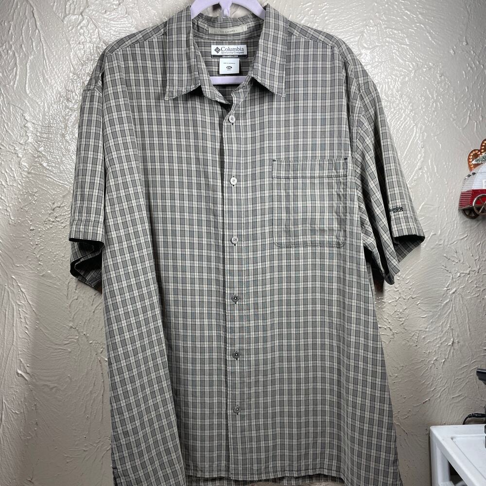Columbia Mens Gray Black Short Sleeve Button Up Modal‎ Blend Check Shirt Sz 2XL
